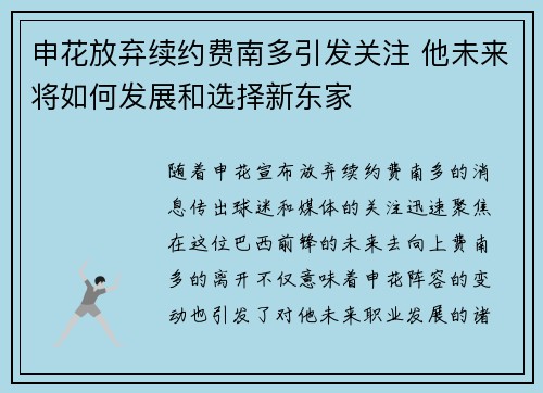 申花放弃续约费南多引发关注 他未来将如何发展和选择新东家
