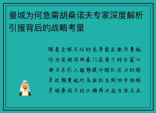 曼城为何急需胡桑诺夫专家深度解析引援背后的战略考量